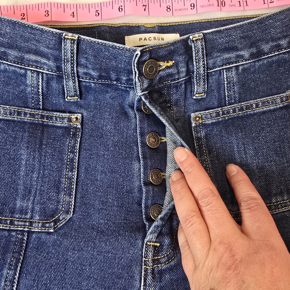 Pacsun Dark Blue Patch Pockets Front Seam Slit High Waisted Bootcut Jeans 26 EUC - Picture 5 of 12